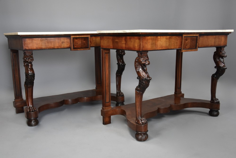 Rare pair of Italian early 19th century walnut console tables