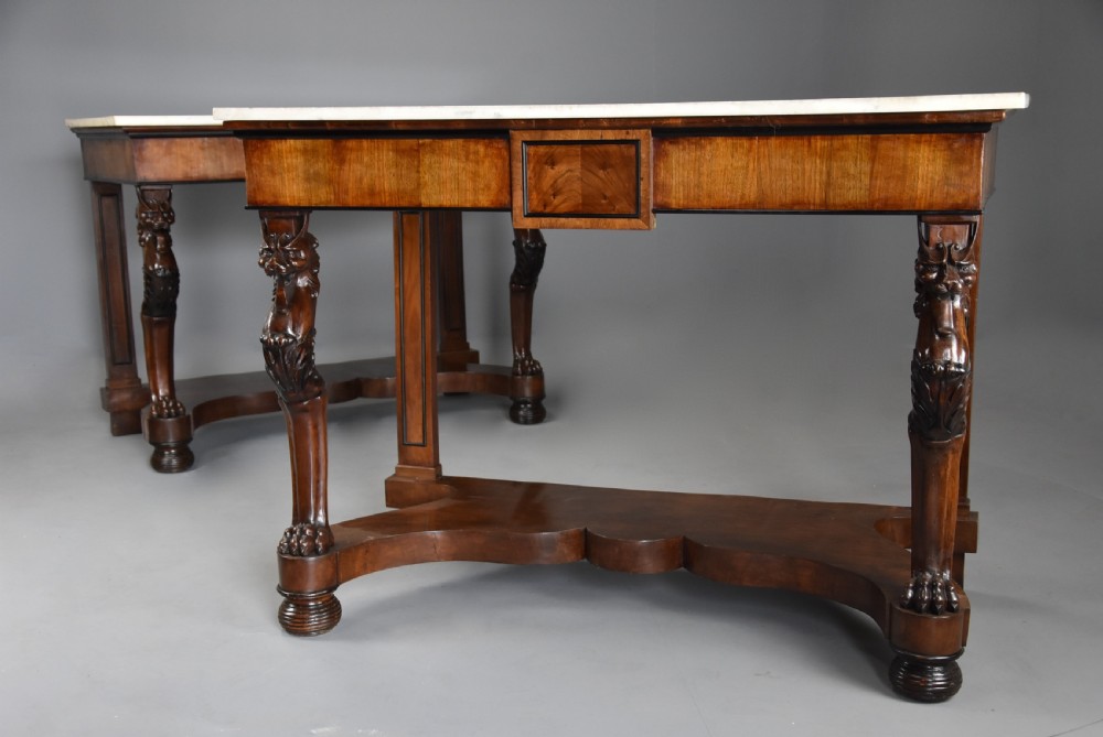 Rare pair of Italian early 19th century walnut console tables View II