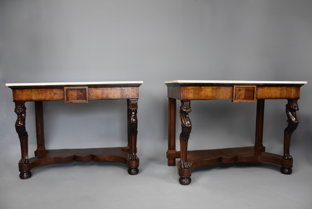 Rare pair of Italian early 19th century walnut console tables View III
