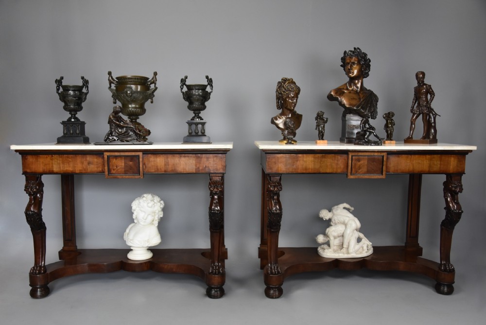 Rare pair of Italian early 19th century walnut console tables View V