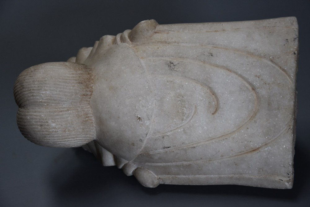 Late 19th century highly decorative carved marble head of Guan Yin View XI