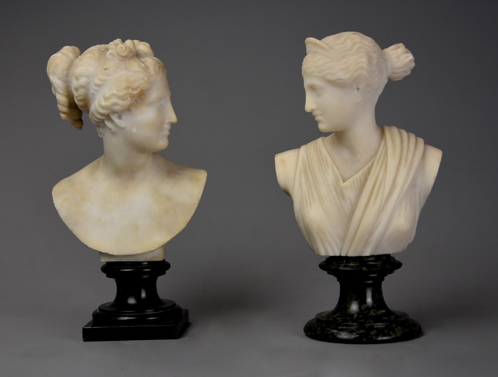 Near pair of late 19th century Italian Grand Tour alabaster busts of Venus and Diana of small proportions View III