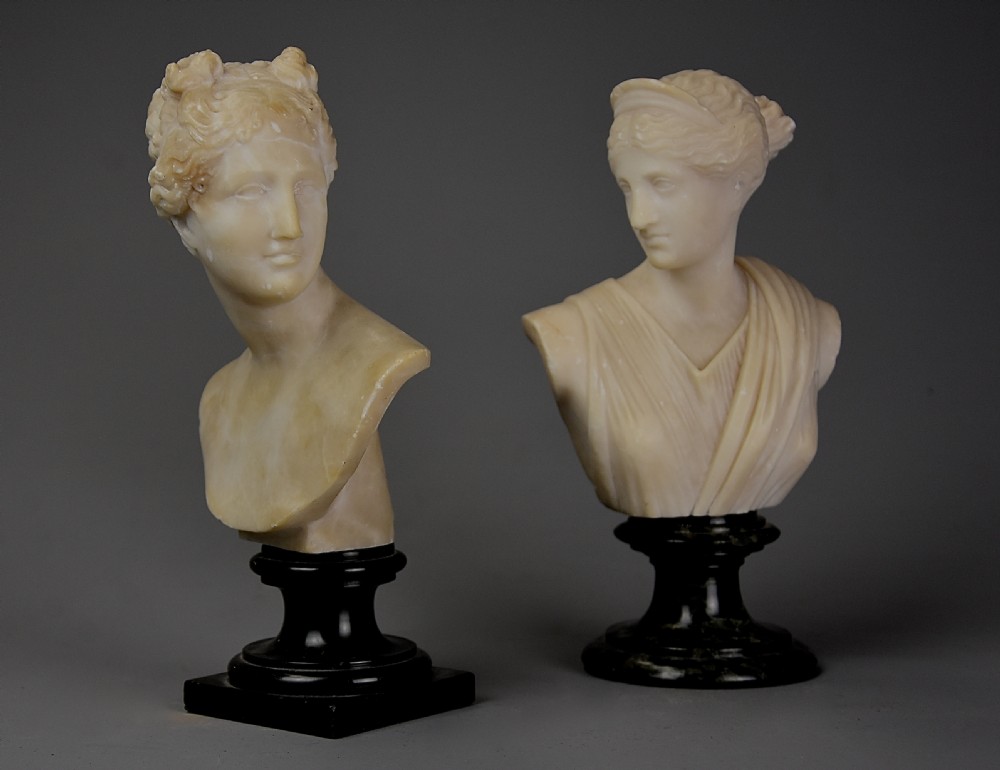 Near pair of late 19th century Italian Grand Tour alabaster busts of Venus and Diana of small proportions View V