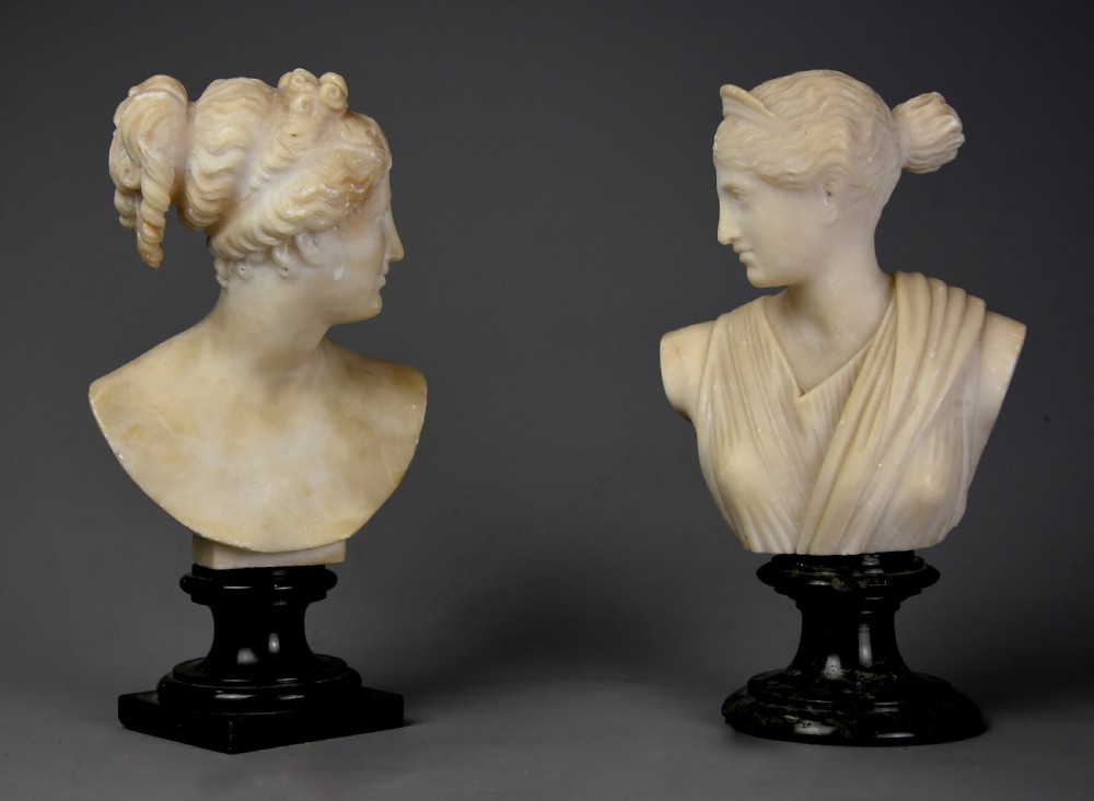 Near pair of late 19th century Italian Grand Tour alabaster busts of Venus and Diana of small proportions View VI