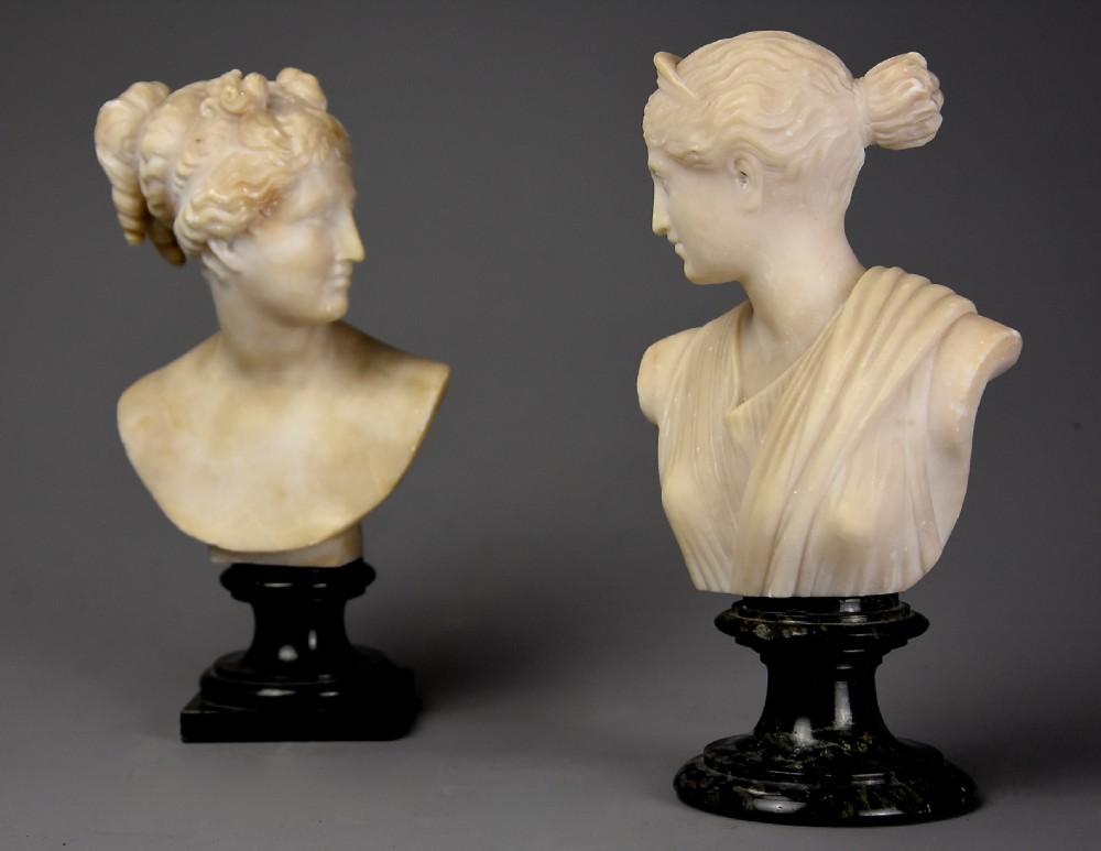 Near pair of late 19th century Italian Grand Tour alabaster busts of Venus and Diana of small proportions View VII