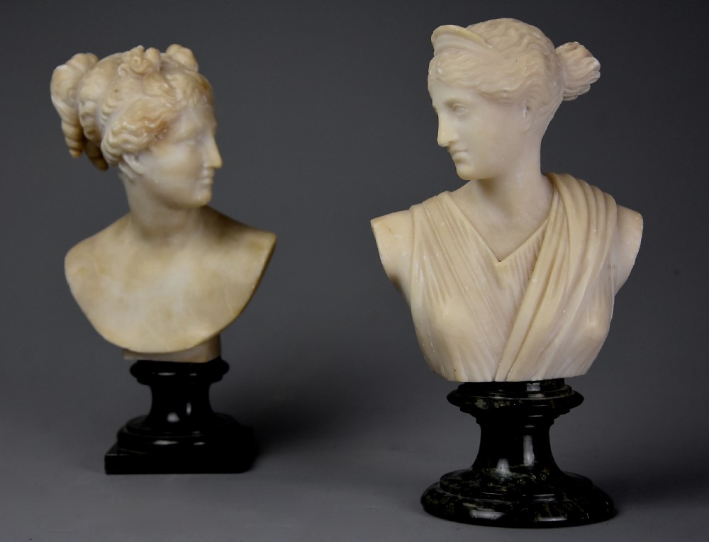 Near pair of late 19th century Italian Grand Tour alabaster busts of Venus and Diana of small proportions View VIII
