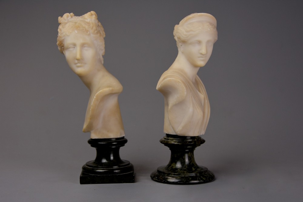 Near pair of late 19th century Italian Grand Tour alabaster busts of Venus and Diana of small proportions View X