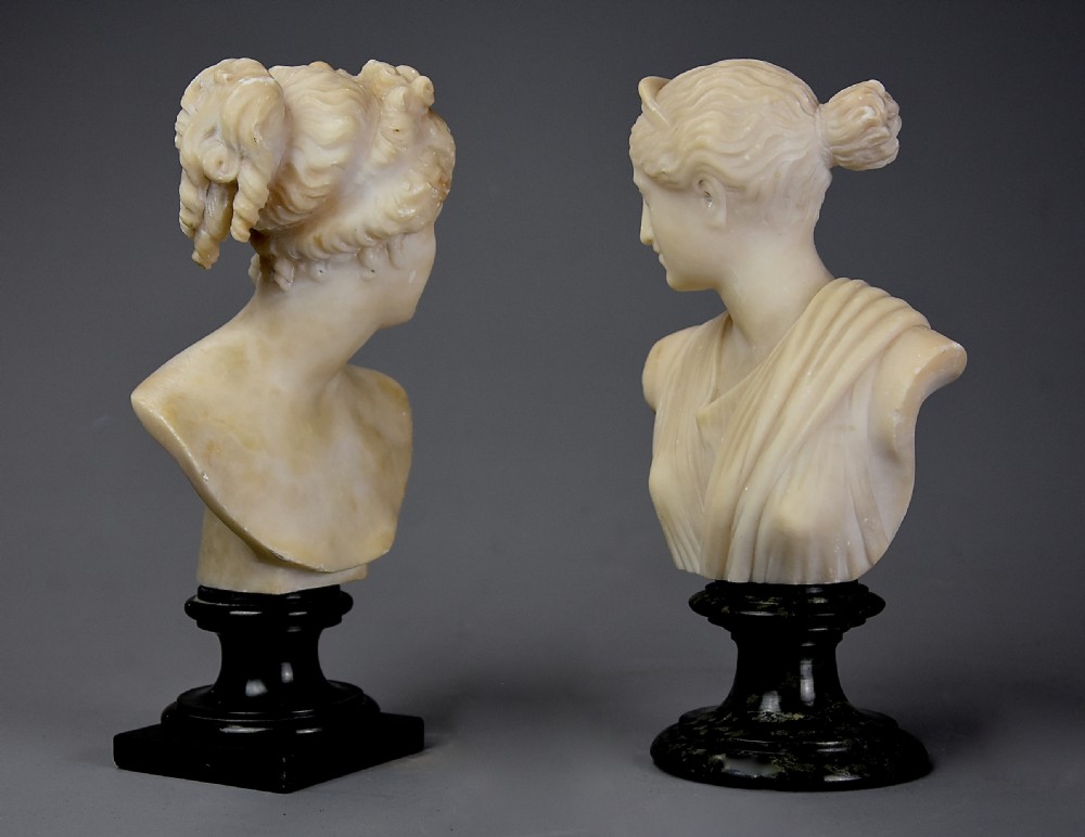 Near pair of late 19th century Italian Grand Tour alabaster busts of Venus and Diana of small proportions View XI