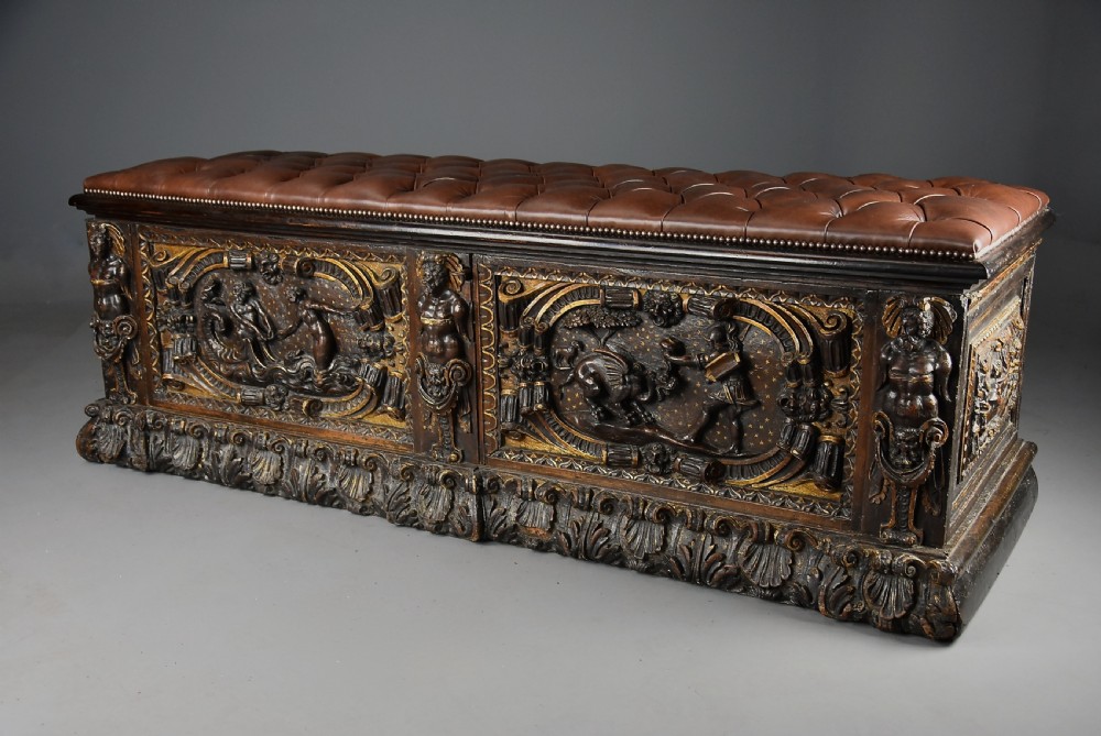 Extremely rare mid 16th century Italian walnut and parcel gilt cassone (chest), probably from the Tuscany region