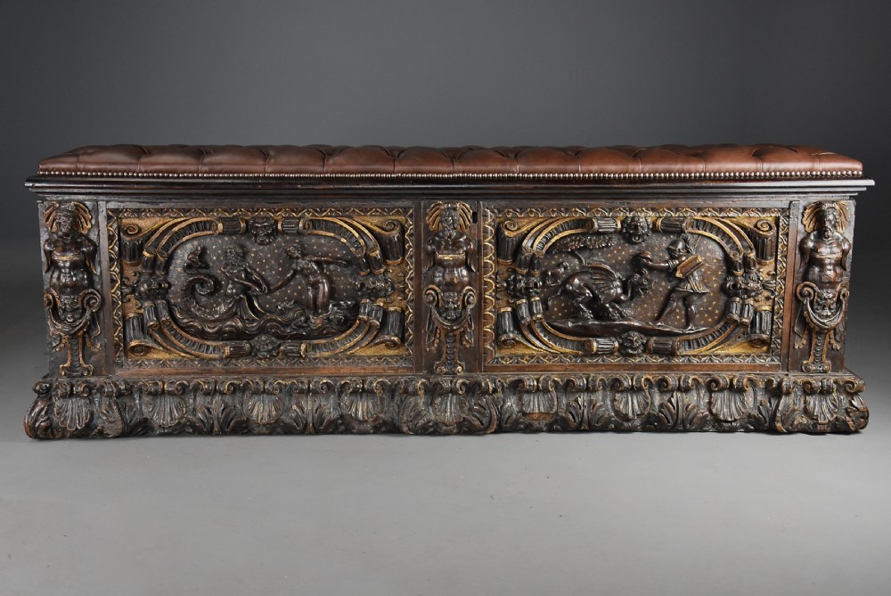 Extremely rare mid 16th century Italian walnut and parcel gilt cassone (chest), probably from the Tuscany region View II
