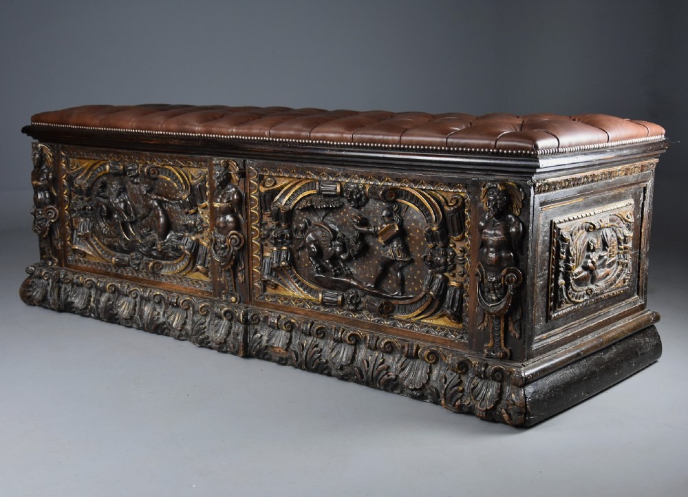 Extremely rare mid 16th century Italian walnut and parcel gilt cassone (chest), probably from the Tuscany region View III