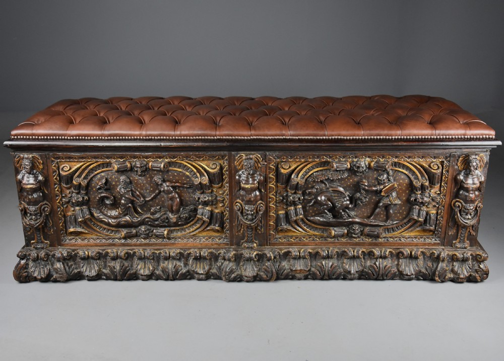 Extremely rare mid 16th century Italian walnut and parcel gilt cassone (chest), probably from the Tuscany region View IV