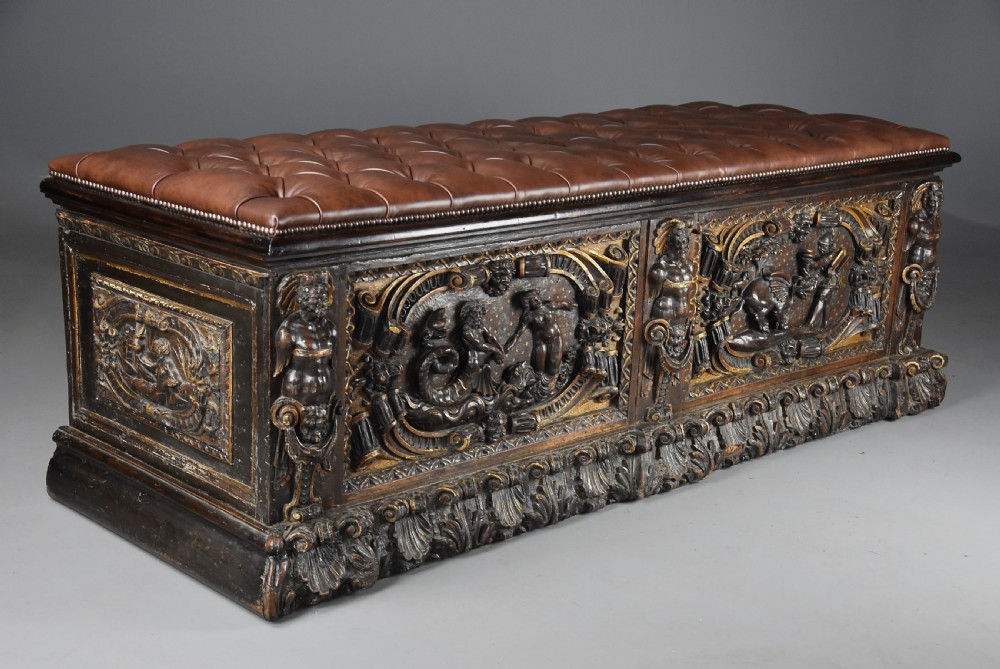 Extremely rare mid 16th century Italian walnut and parcel gilt cassone (chest), probably from the Tuscany region View V