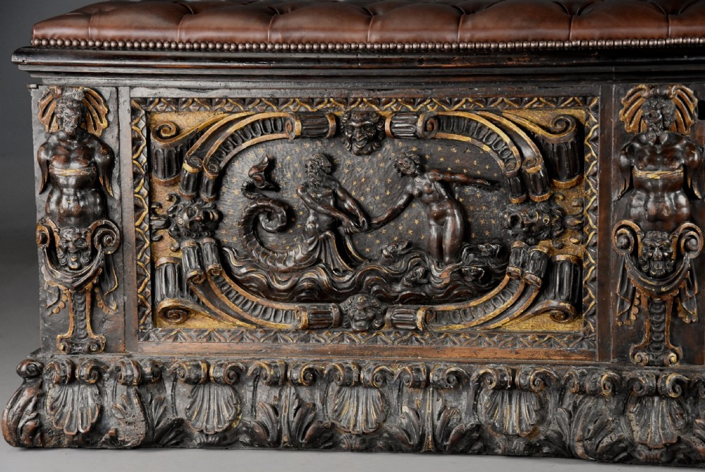 Extremely rare mid 16th century Italian walnut and parcel gilt cassone (chest), probably from the Tuscany region View VI