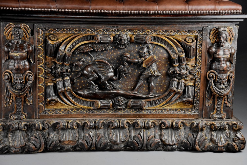 Extremely rare mid 16th century Italian walnut and parcel gilt cassone (chest), probably from the Tuscany region View VII