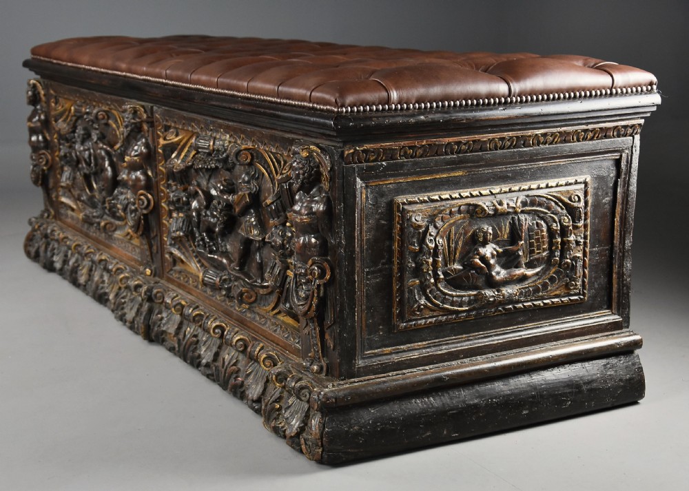 Extremely rare mid 16th century Italian walnut and parcel gilt cassone (chest), probably from the Tuscany region View IX