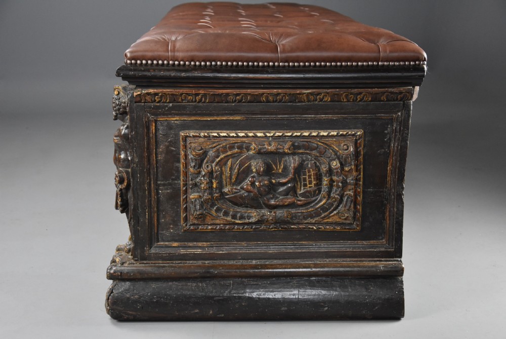 Extremely rare mid 16th century Italian walnut and parcel gilt cassone (chest), probably from the Tuscany region View X
