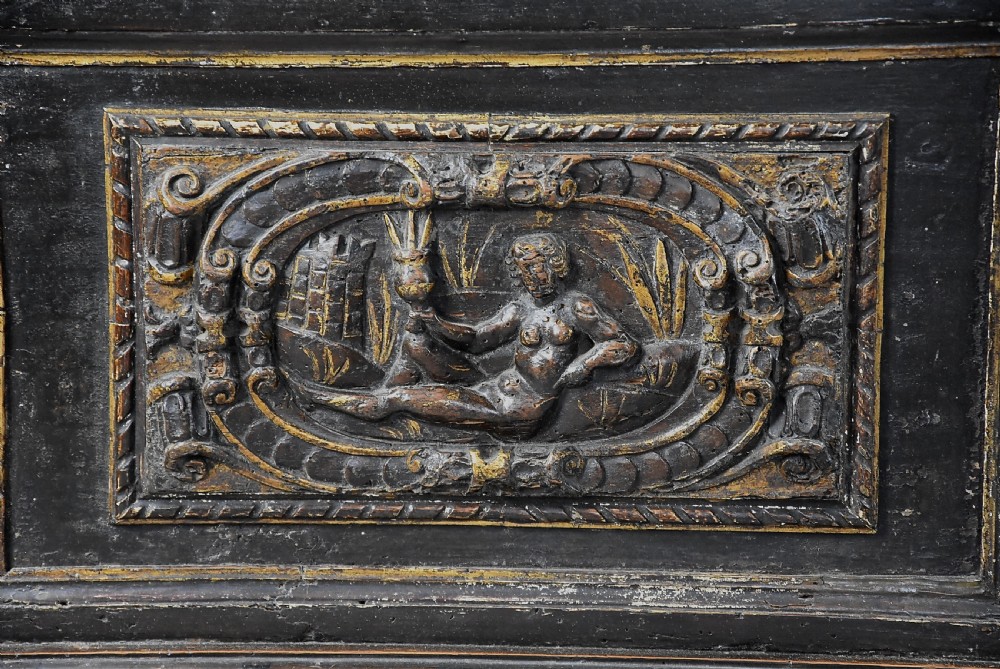 Extremely rare mid 16th century Italian walnut and parcel gilt cassone (chest), probably from the Tuscany region View XII