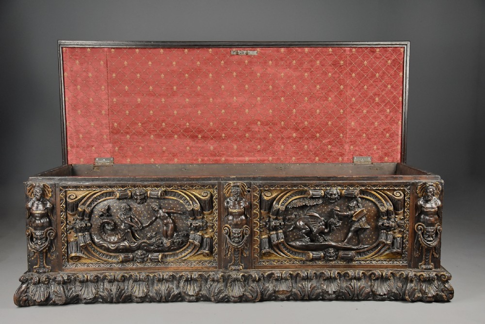 Extremely rare mid 16th century Italian walnut and parcel gilt cassone (chest), probably from the Tuscany region View XIV
