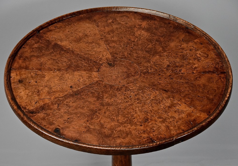 Rare late 18th century oak tripod pedestal table with burr top of fine patina View VIII