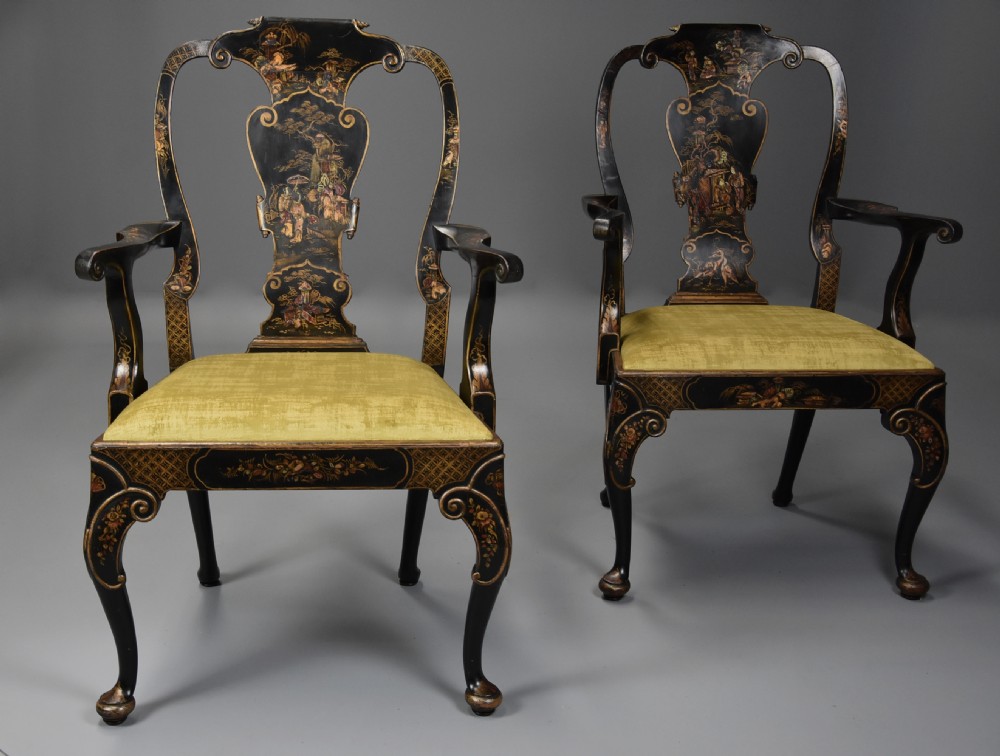Superb pair of late 19th century George II style Japanned armchairs of generous proportions