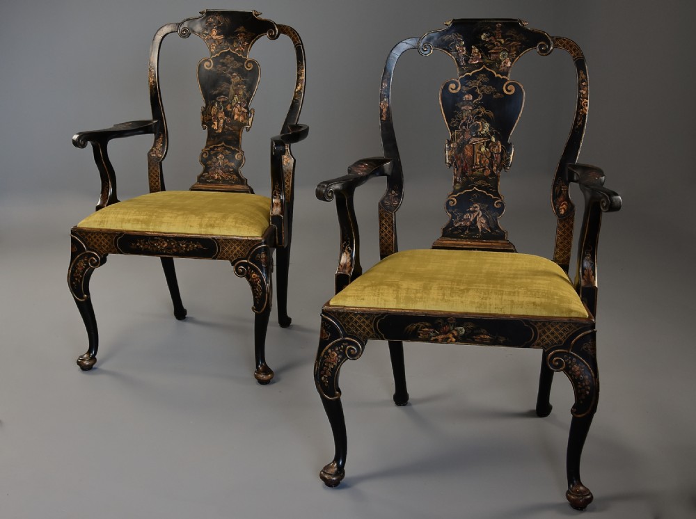 Superb pair of late 19th century George II style Japanned armchairs of generous proportions View II