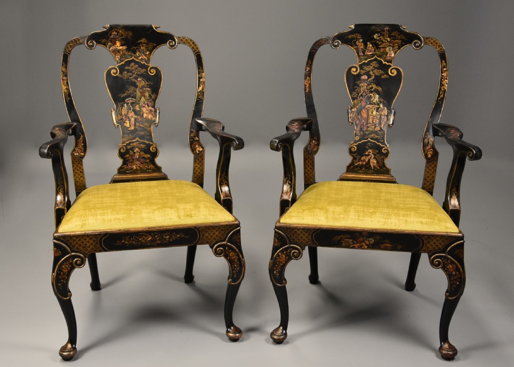 Superb pair of late 19th century George II style Japanned armchairs of generous proportions View IV