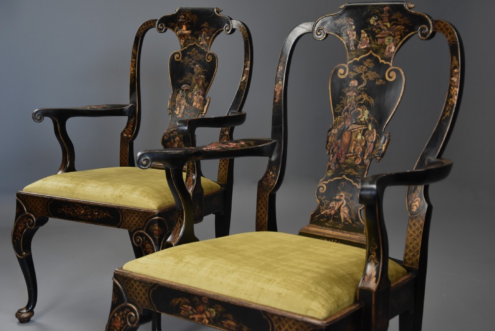 Superb pair of late 19th century George II style Japanned armchairs of generous proportions View VI