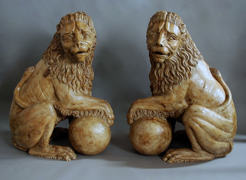 Magnificent pair of 19th century life size Italian carved pine Medici lions