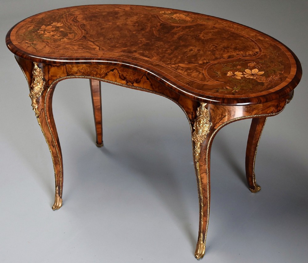Superb quality mid 19th century burr walnut and marquetry kidney shaped table in the manner of Gillows