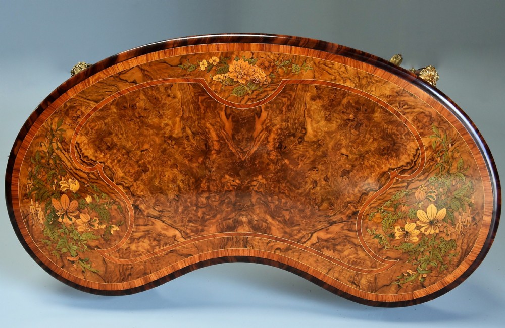 Superb quality mid 19th century burr walnut and marquetry kidney shaped table in the manner of Gillows View VIII