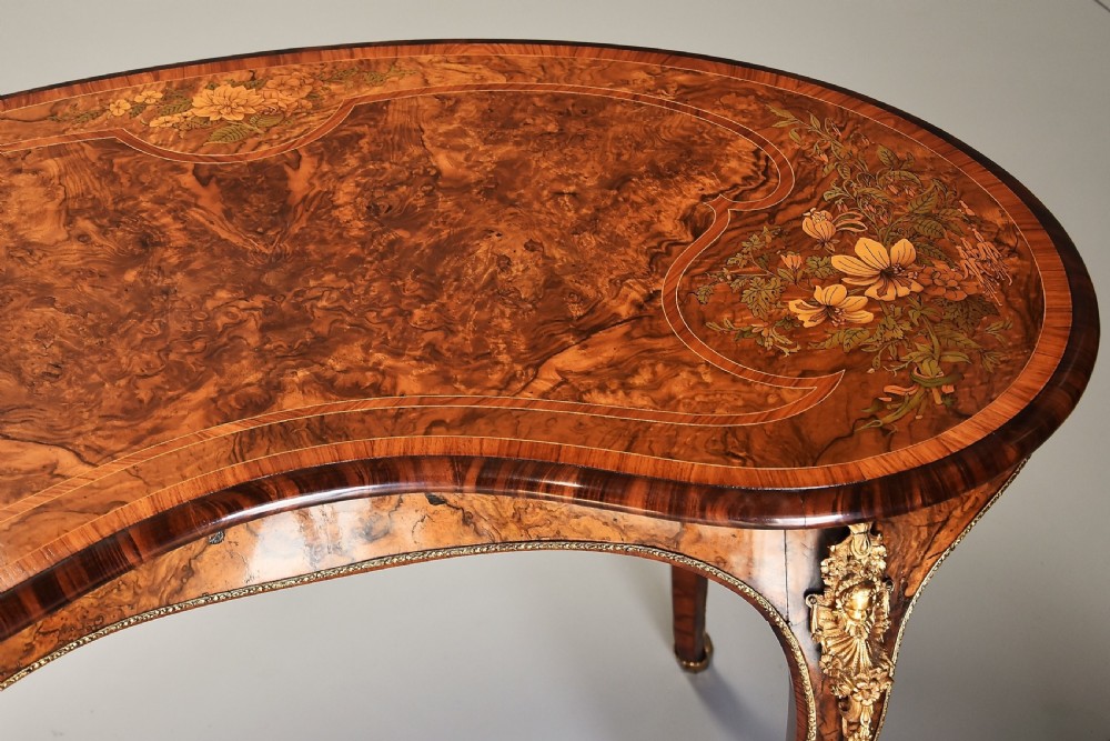 Superb quality mid 19th century burr walnut and marquetry kidney shaped table in the manner of Gillows View IX