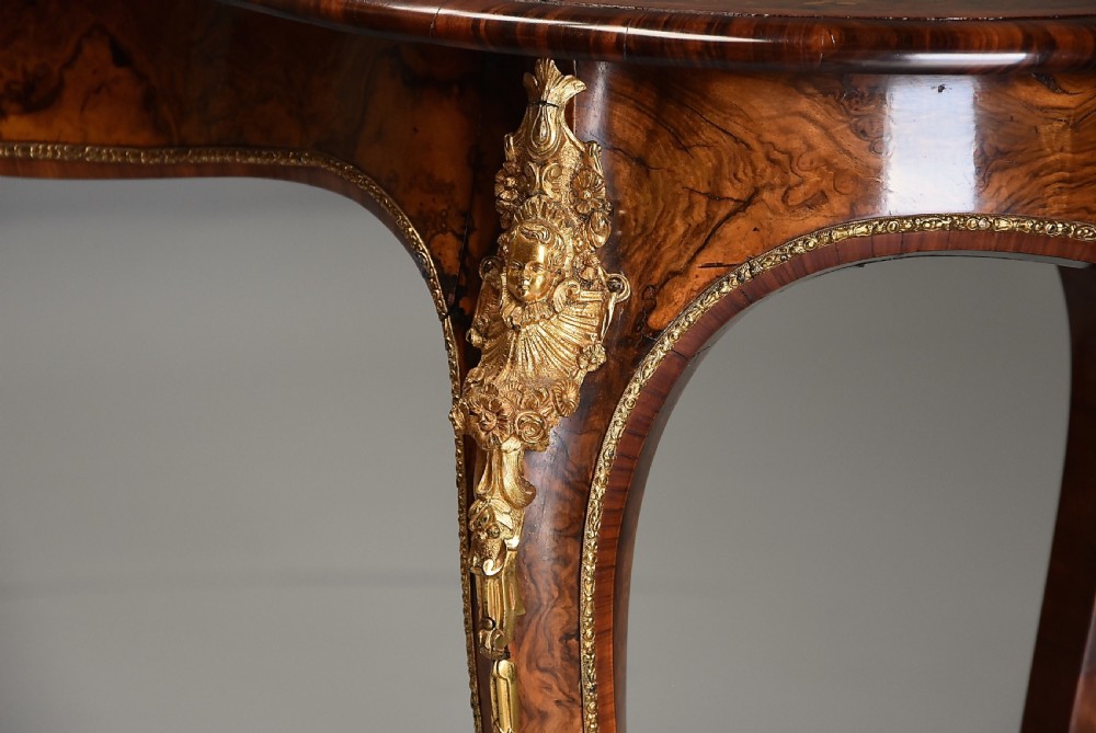Superb quality mid 19th century burr walnut and marquetry kidney shaped table in the manner of Gillows View XII