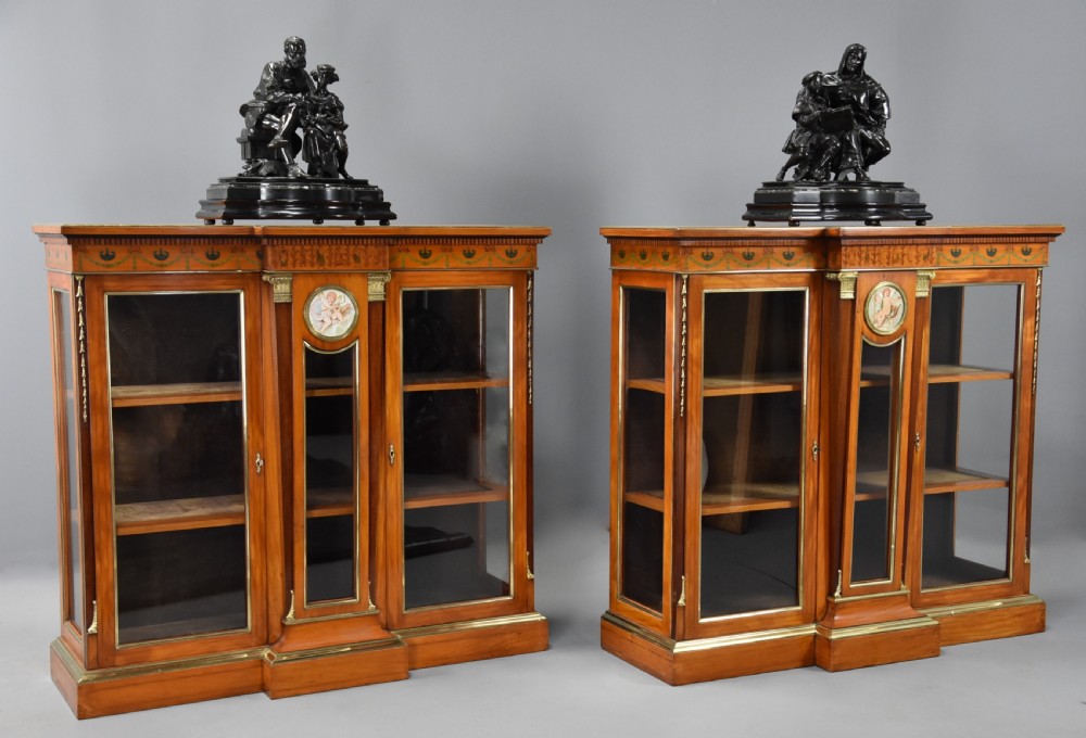 Superb pair of late 19thc Exhibition quality satinwood breakfront display cabinets View II