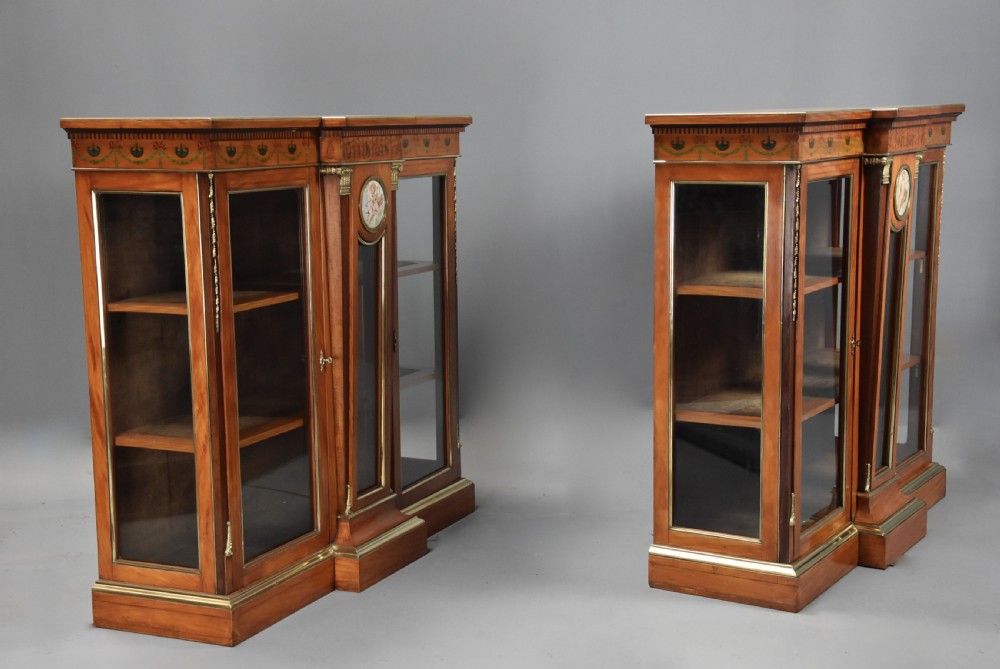 Superb pair of late 19thc Exhibition quality satinwood breakfront display cabinets View VI