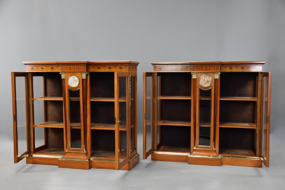 Superb pair of late 19thc Exhibition quality satinwood breakfront display cabinets View VIII