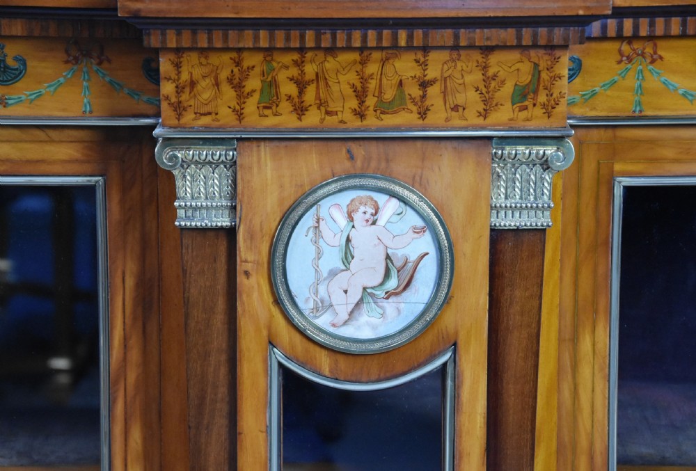 Superb pair of late 19thc Exhibition quality satinwood breakfront display cabinets View XI