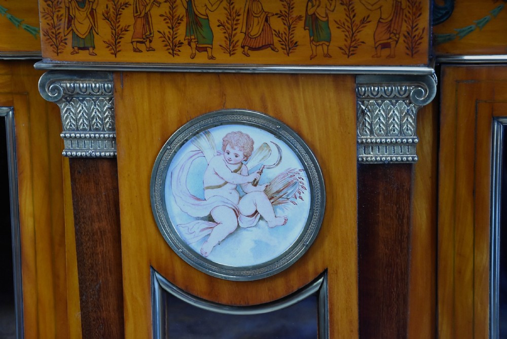 Superb pair of late 19thc Exhibition quality satinwood breakfront display cabinets View XII