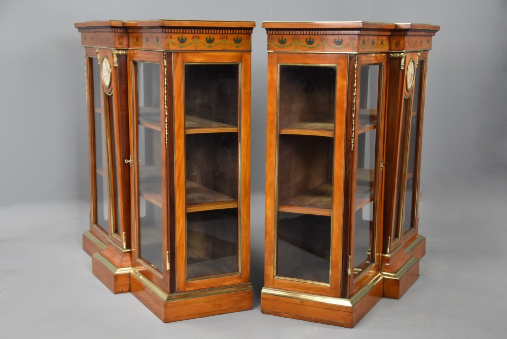Superb pair of late 19thc Exhibition quality satinwood breakfront display cabinets View XIV