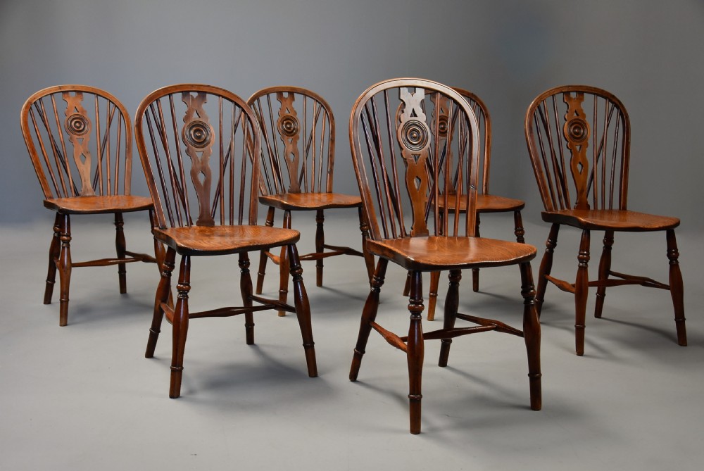 Rare set of six mid 19th century yew wood low back Windsor chairs of superb patina View VI
