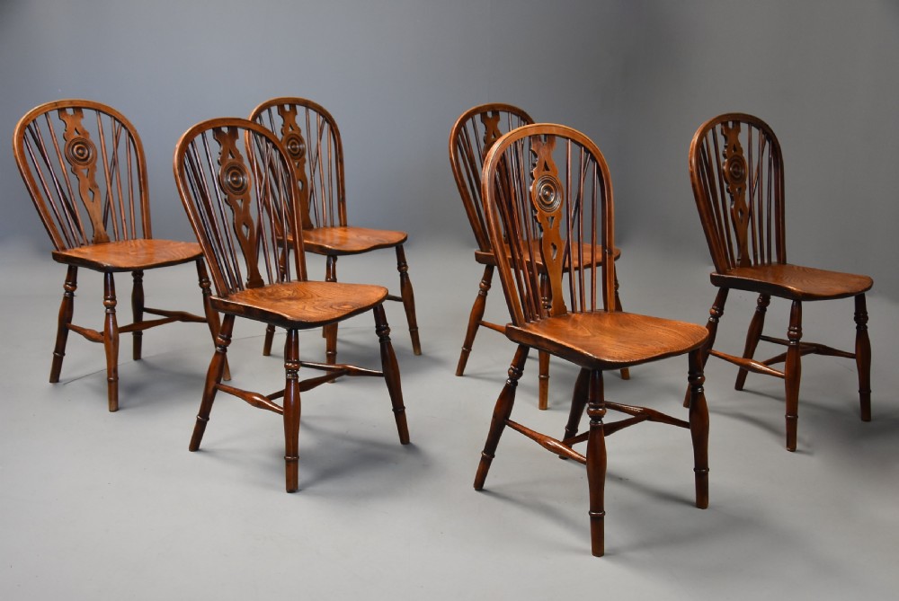Rare set of six mid 19th century yew wood low back Windsor chairs of superb patina View VII