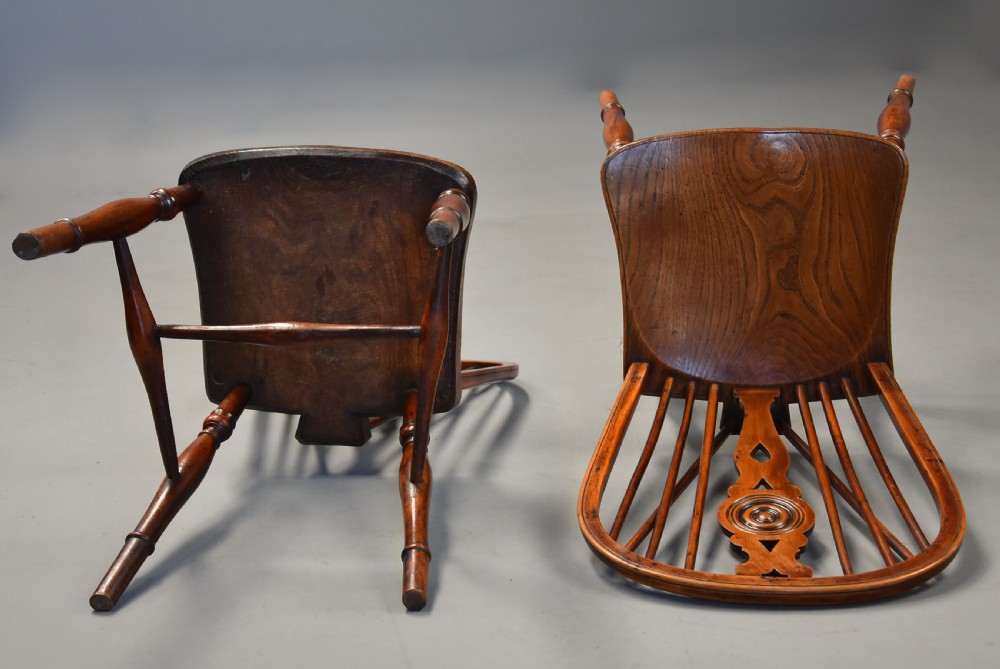 Rare set of six mid 19th century yew wood low back Windsor chairs of superb patina View X