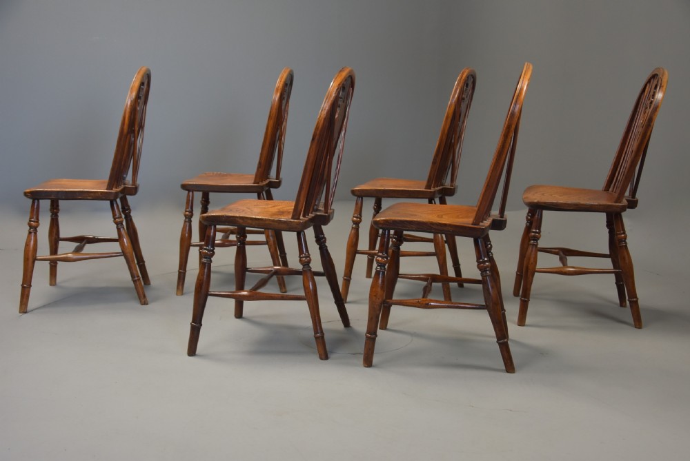Rare set of six mid 19th century yew wood low back Windsor chairs of superb patina View XI