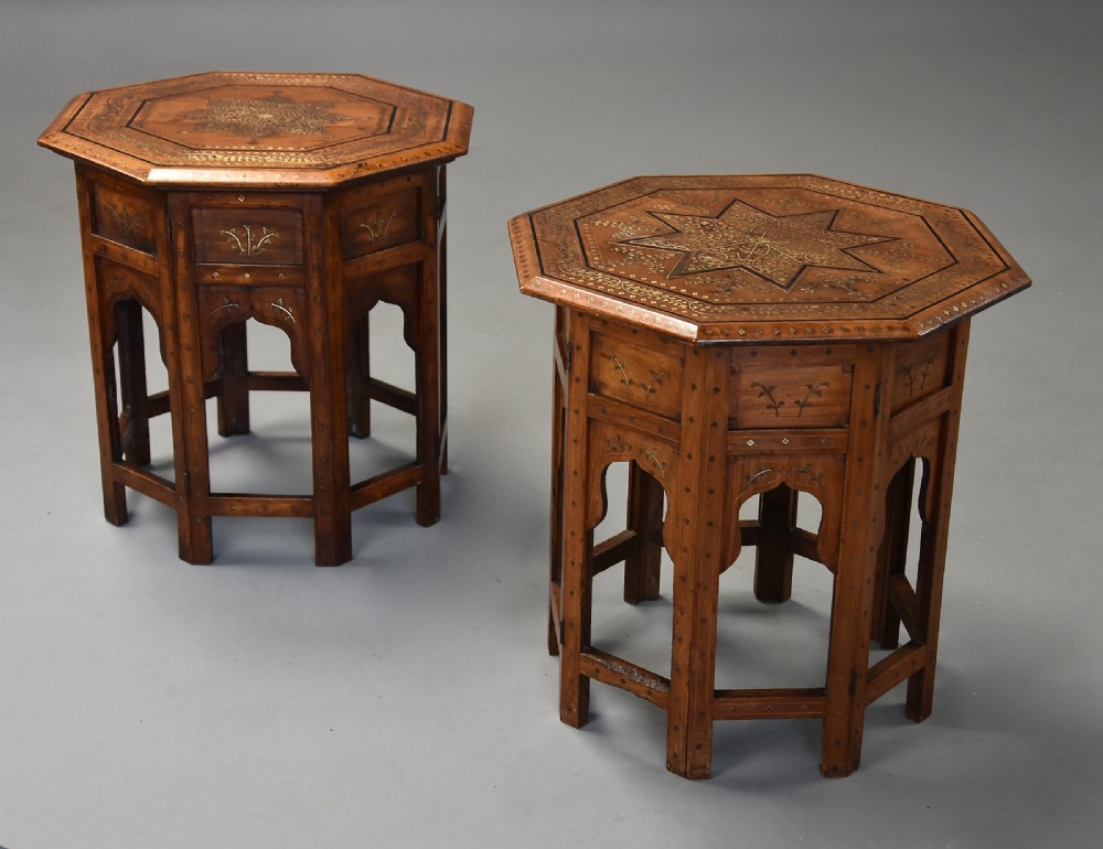 Near pair of highly decorative late 19thc Anglo Indian Hoshiarpur inlaid hardwood octagonal tables 