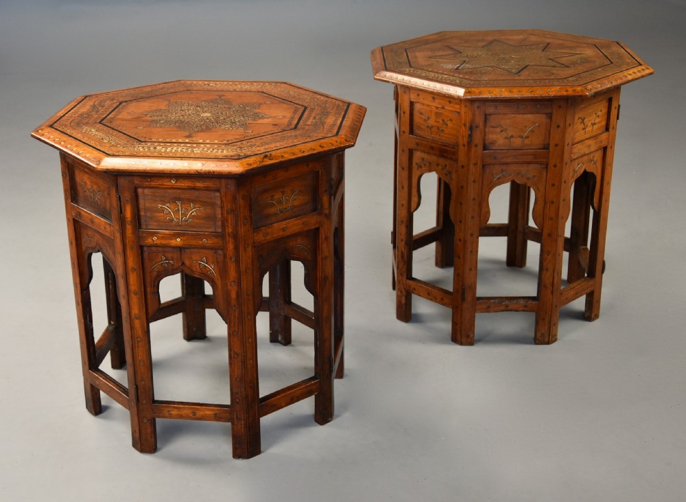 Near pair of highly decorative late 19thc Anglo Indian Hoshiarpur inlaid hardwood octagonal tables  View III