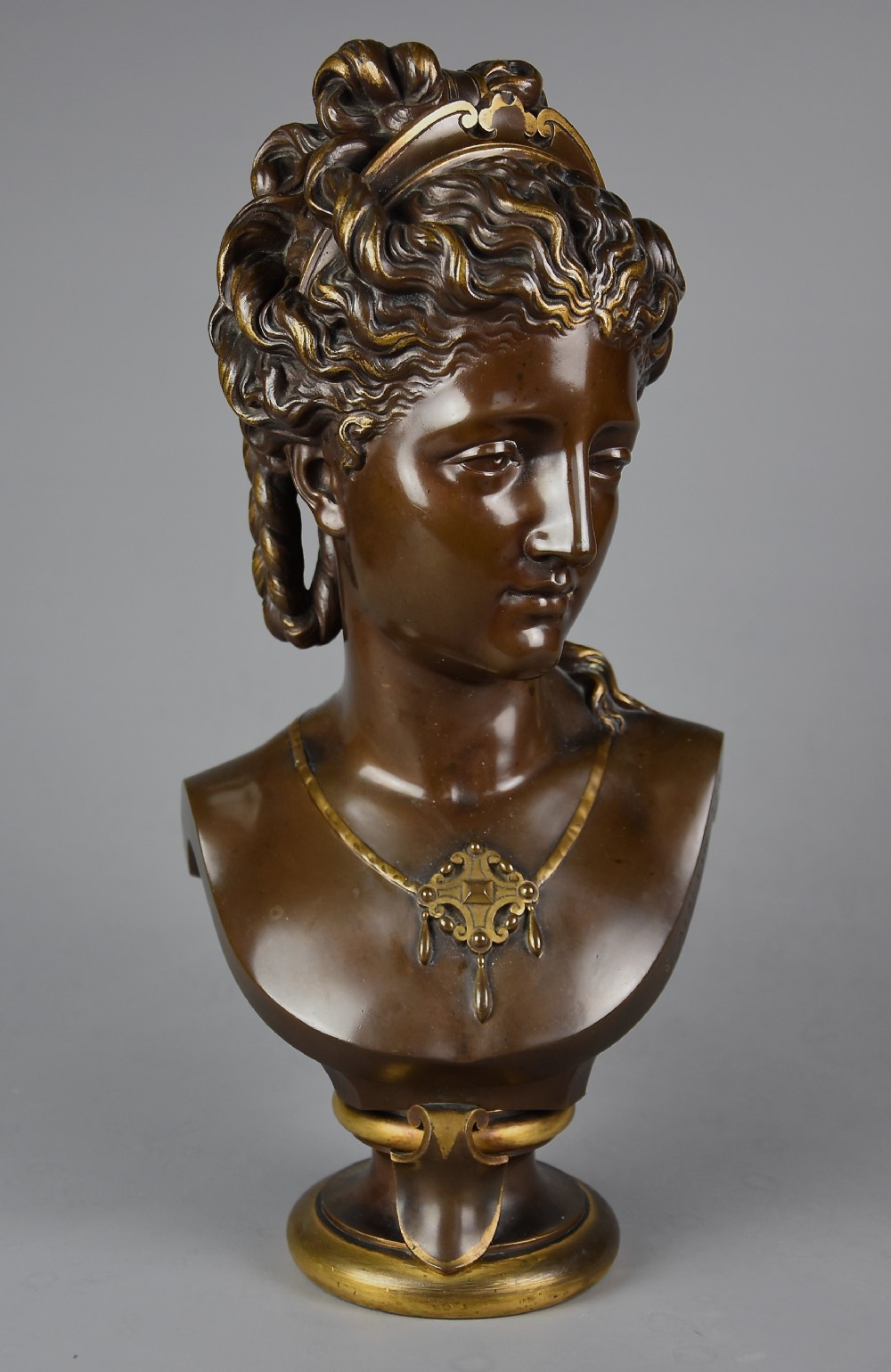 Late 19thc fine quality French bronze bust of a female, possibly of the Roman goddess Diana, signed E. AIZELIN