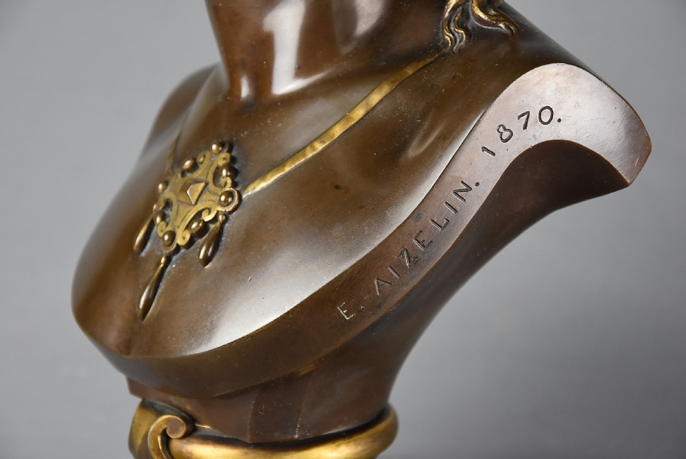 Late 19thc fine quality French bronze bust of a female, possibly of the Roman goddess Diana, signed E. AIZELIN View V