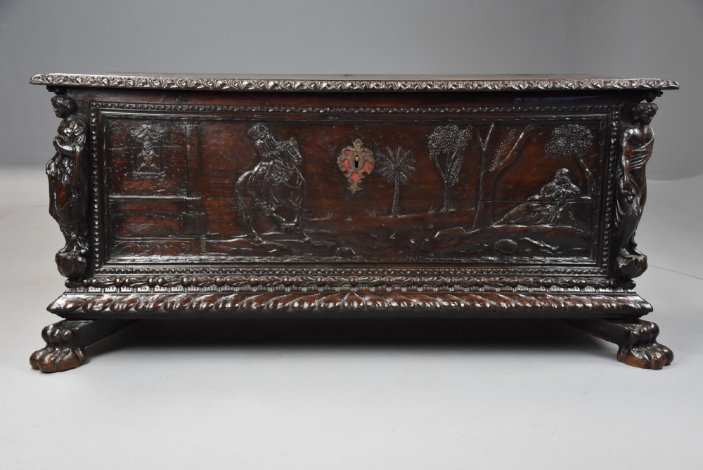 Elaborate mid 17th century Italian carved cedar and walnut cassone View V