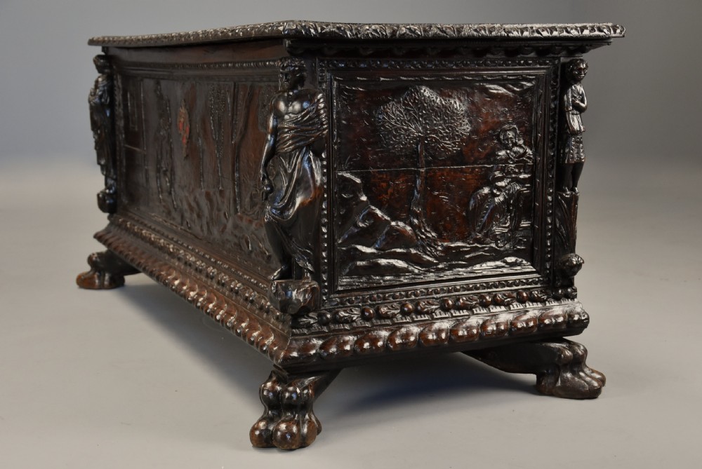 Elaborate mid 17th century Italian carved cedar and walnut cassone View IX
