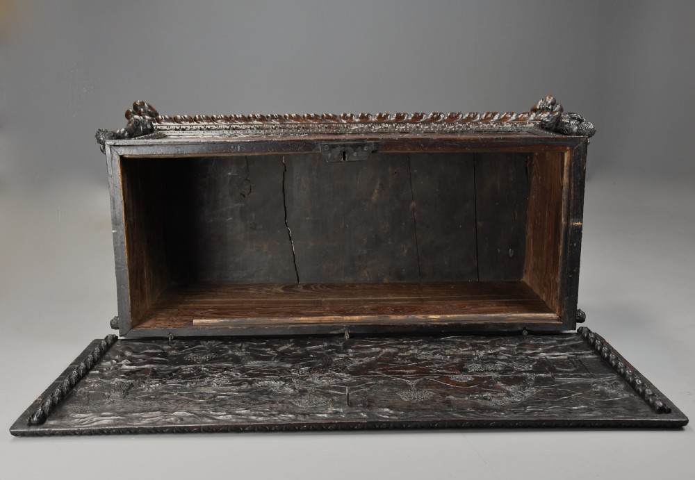 Elaborate mid 17th century Italian carved cedar and walnut cassone View XVI